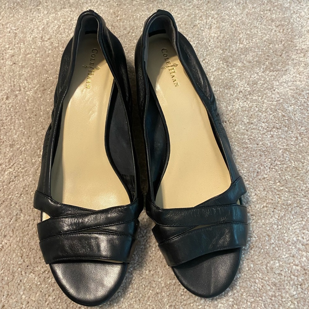 Cole Haan Nike Air Amari Black Leather Open Toe Wedges